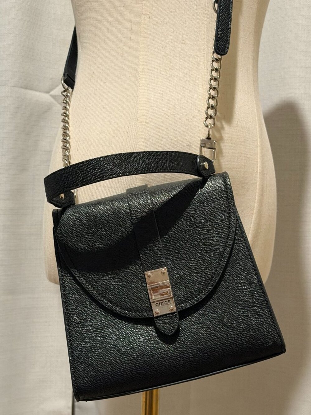 GUESS Black Pebble Leather Top Handle Crossbody Bag | Convertible Flap Satchel